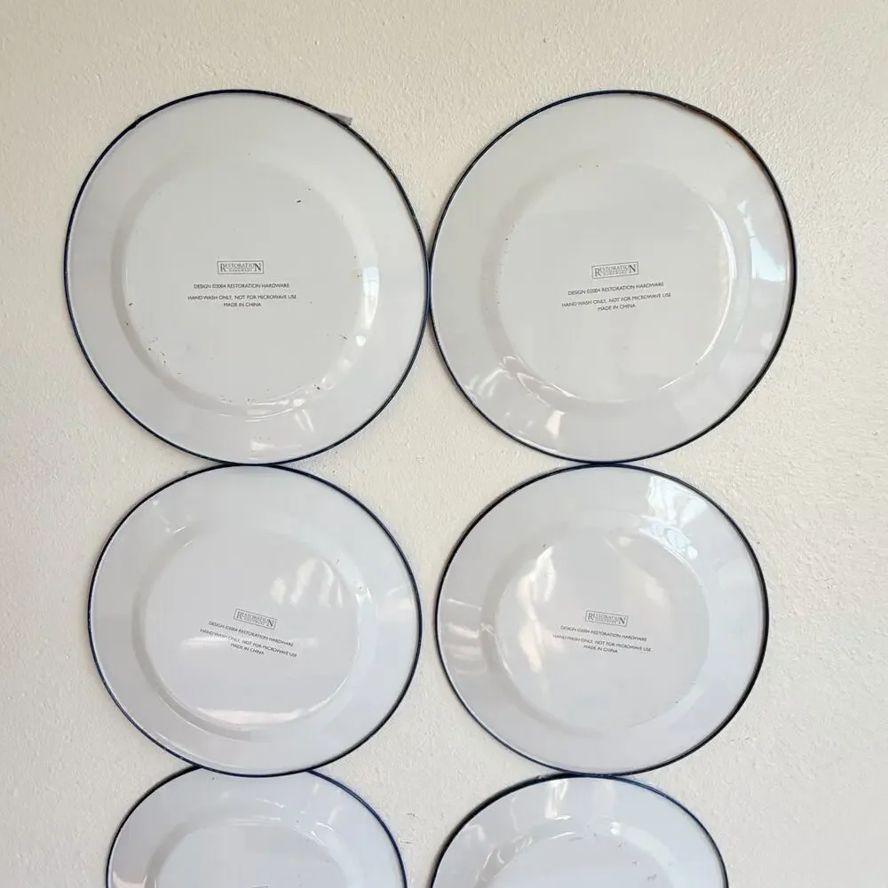 Set of 8 Vintage Restoration Hardware Blue & White Flo Tin Plates 10